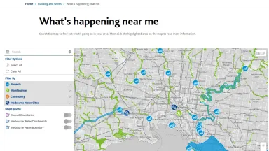 A screenshot of the "What's happening near me" map on Melbourne Water