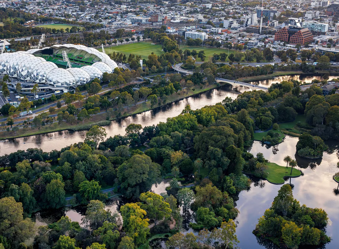 Aerial view of stadium, Yarra river and botanic gardens